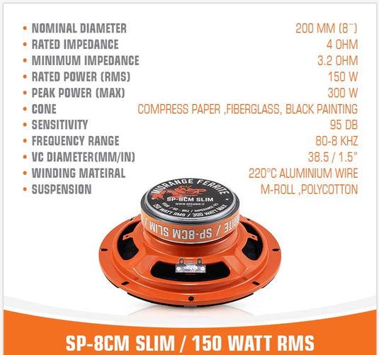 SP 8CM SLIM MIDRANGE SUPER SLIM 8"/20CM 150W RMS (PAIR)