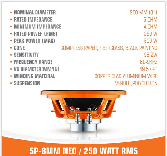 SP 8MM NEO MIDRANGE EXTREME 8"/20CM NEO MAGNET 250W RMS (Single Speaker)