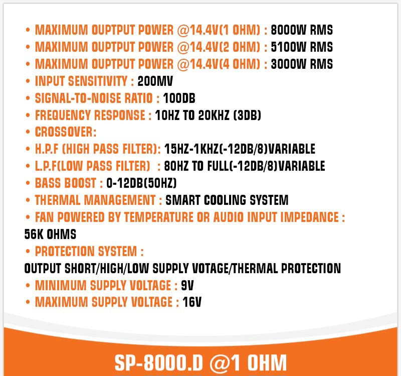 SP 8000D 1 OHM AMPLIFIER MONO FULL RANGE CLASS D