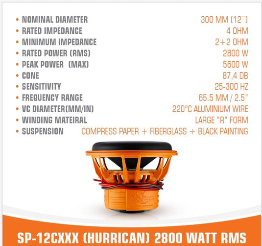 SP AUDIO SP-12CXXX SUBWOOFER 12"/30CM 2800W RMS