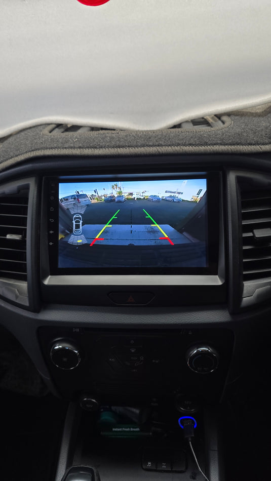 Ford Ranger wireless Apple CarPlay and Android Auto stereo upgrade kit is designed to maintain the functionality of the factory steering wheel control buttons, reverse camera, parking sensor display, and the display of AC and heater control informatio