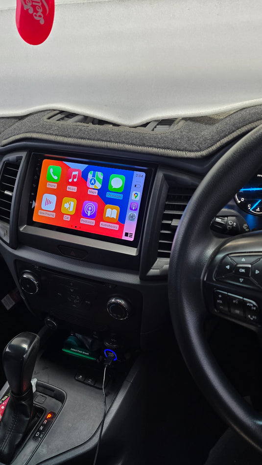 Ford Ranger wireless Apple CarPlay and Android Auto stereo upgrade kit is designed to maintain the functionality of the factory steering wheel control buttons, reverse camera, parking sensor display, and the display of AC and heater control informatio