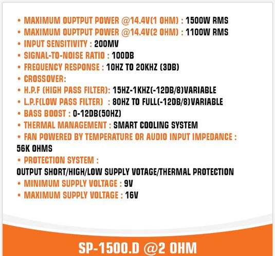 SP 1500D 2 OHM AMPLIFIER MONO FULL RANGE CLASS D