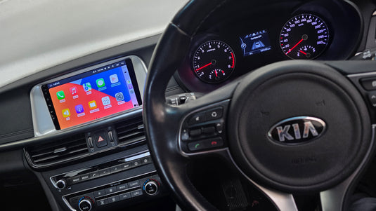 KIA OPTIMA FACTORY STEREO REPLACED BY DERTON WIRELESS APPLE CARPLAY/ ANDROID AUTO MULTIMEDIA UNIT and Retained Factory Steering wheel control buttons/ Reverse Camera/ AC Heater information Display