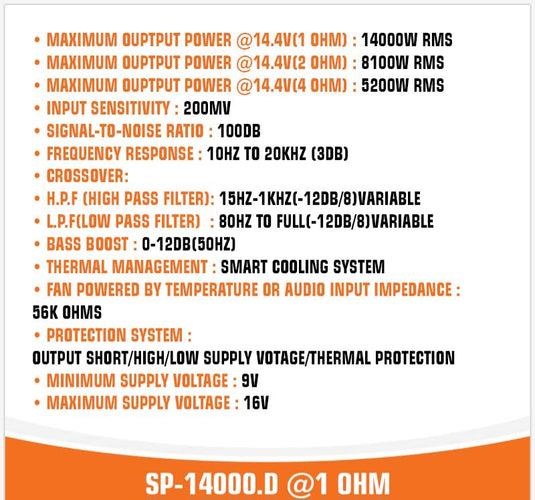 SP 14000D 1 OHM AMPLIFIER MONO FULL RANGE CLASS D