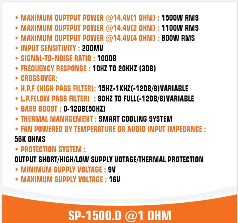SP 1500D 1 OHM AMPLIFIER MONO FULL RANGE CLASS D