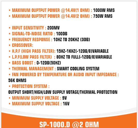 SP 1000D 2 OHM AMPLIFIER MONO FULL RANGE CLASS D