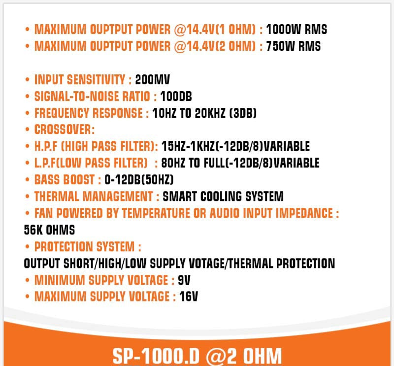 SP 1000D 2 OHM AMPLIFIER MONO FULL RANGE CLASS D