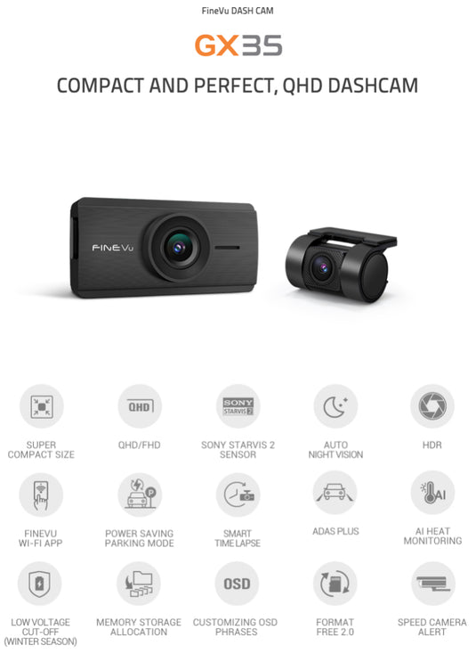 FineVu GX35︱2 Channel ⎜Front 2K QHD⎜Rear Ful HD︱Sony Starvis2⎜Dual Band WiFi⎜32GB ︱Smart Parking Surveillance